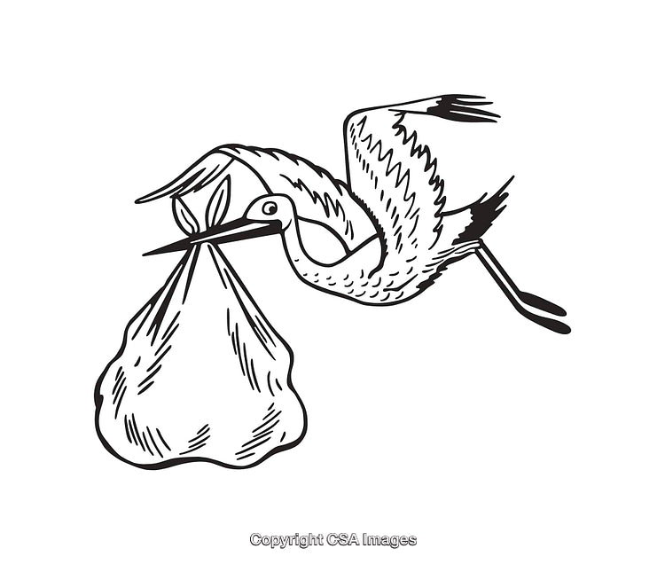 Black and White Line Art Stork Flying with a Baby Bundle