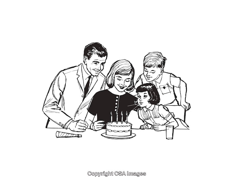 Family Celebrating Child's Birthday with Cake in Black-and-White Illustration