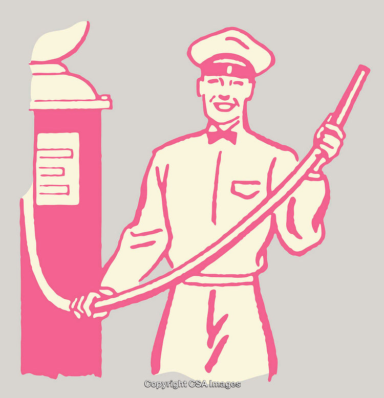 Vintage Style Illustration of Attendant and Gas Pump in Line Art Design