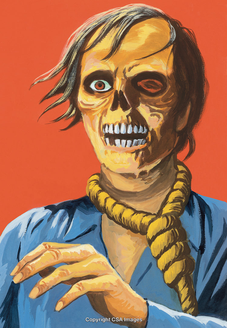 Illustration of a Grim Undead Figure with a Rope Necklace on Red Background