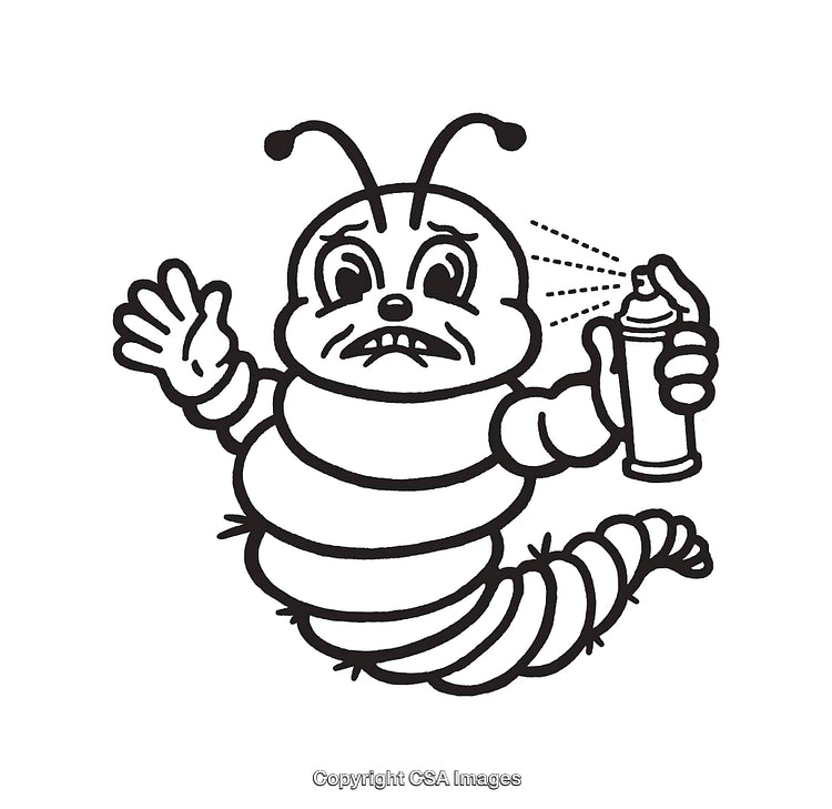 Cartoon Insect Spraying Aerosol Depicted in Black and White Line Art