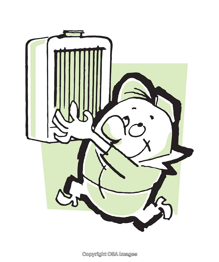 Cartoon Illustration of Character Holding a Radiator with Determined Expression