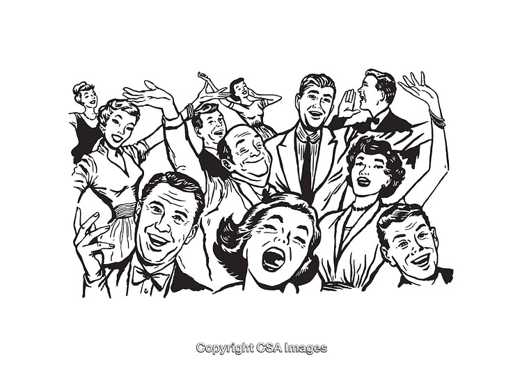 Group of Cheerful People Celebrating in Black and White Line Art