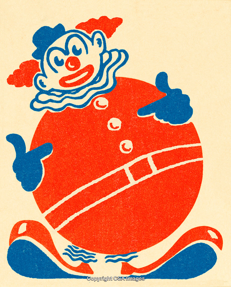 Vintage Style Clown Illustration in Red and Blue Color Scheme