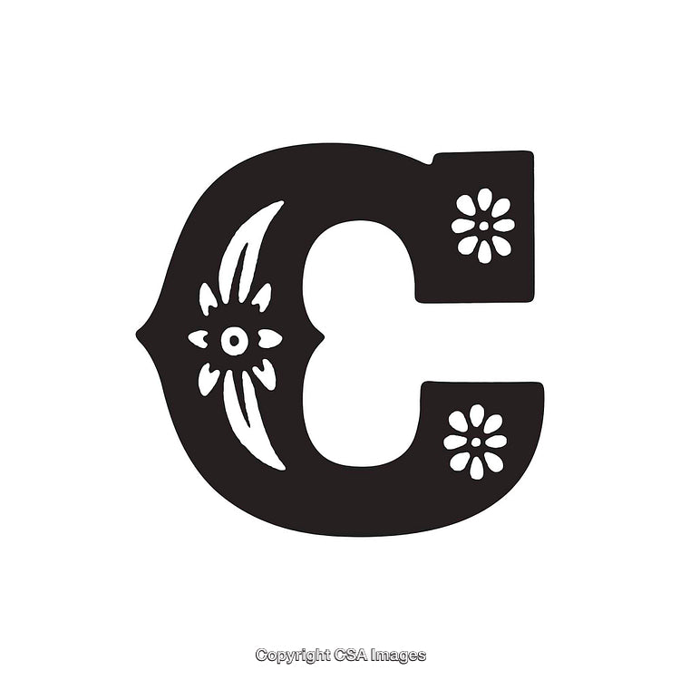 Elegant Letter C with Floral Decorative Design in Black and White