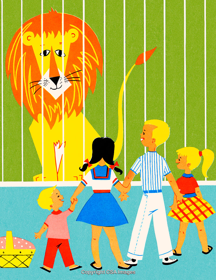 Illustration of Family Visiting a Lion Exhibit at the Zoo