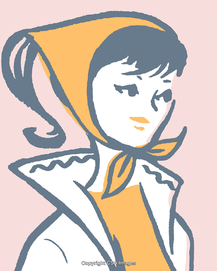 Stylized Portrait of Retro Woman Wearing Headscarf and Collar Design