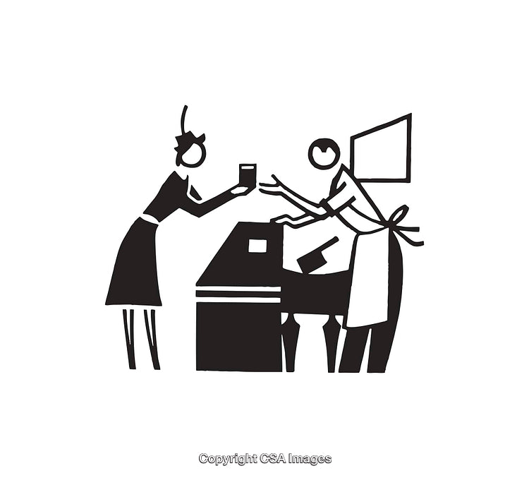 Minimalistic Black and White Illustration of a Transaction Scene
