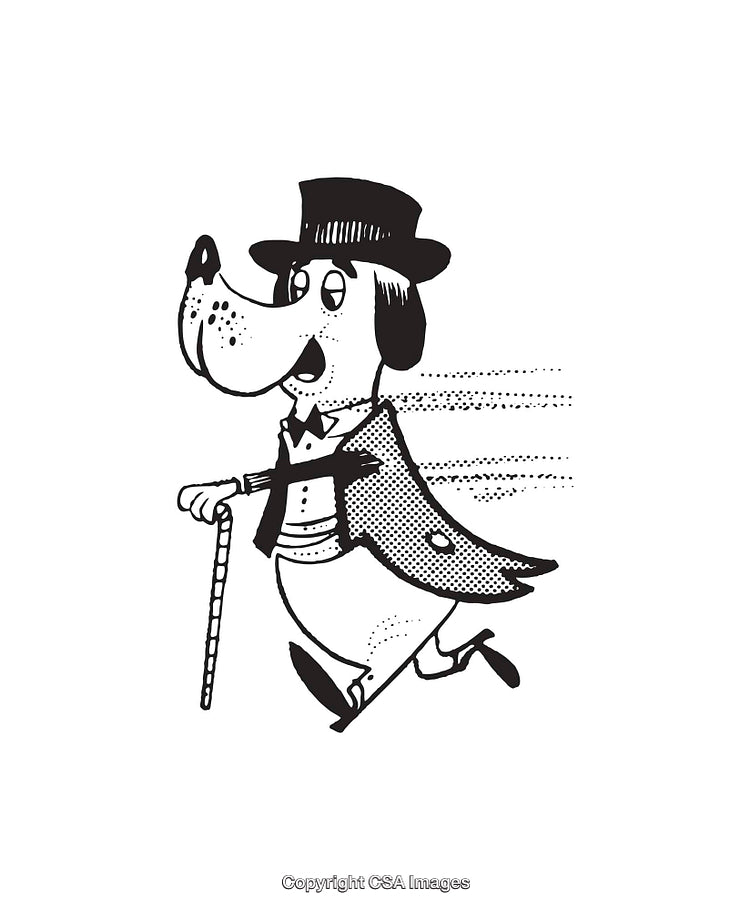 Vintage Line Art Illustration of a Classy Anthropomorphic Dog in Motion
