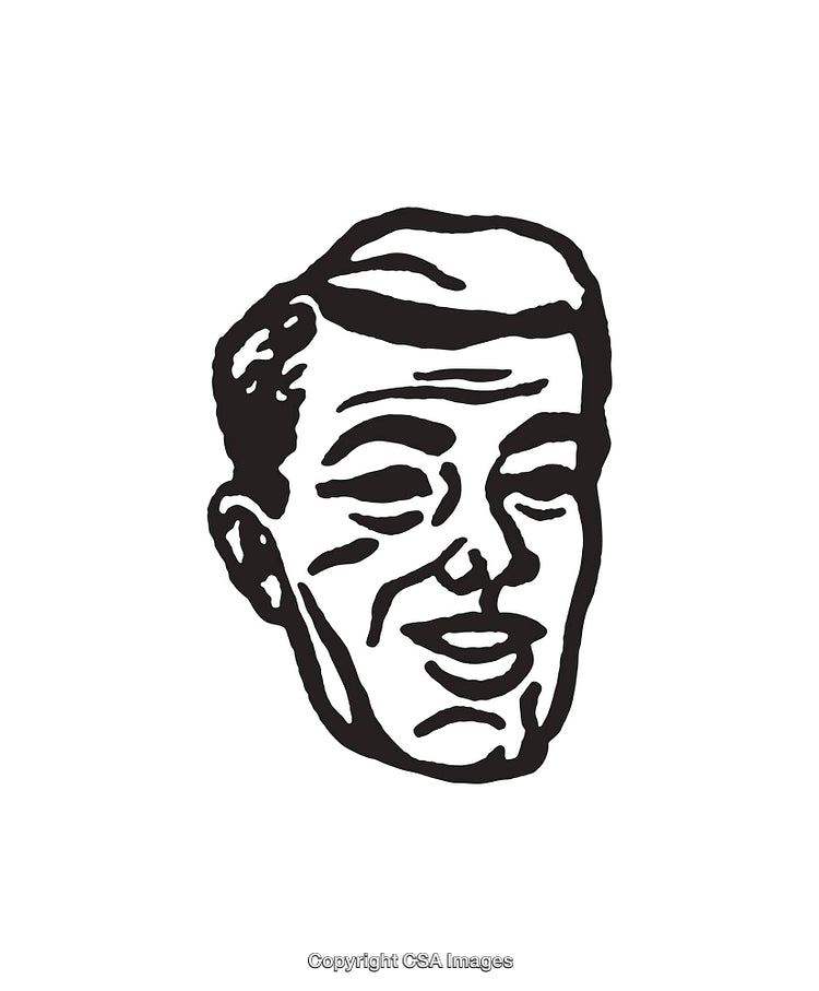 Black and White Retro Line Art Illustration of Smiling Gentleman