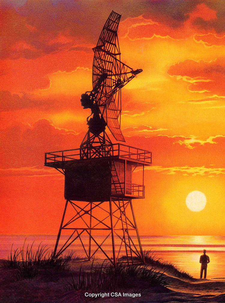 Sunset Over Coastline with Metal Tower Silhouetted Against Vibrant Sky