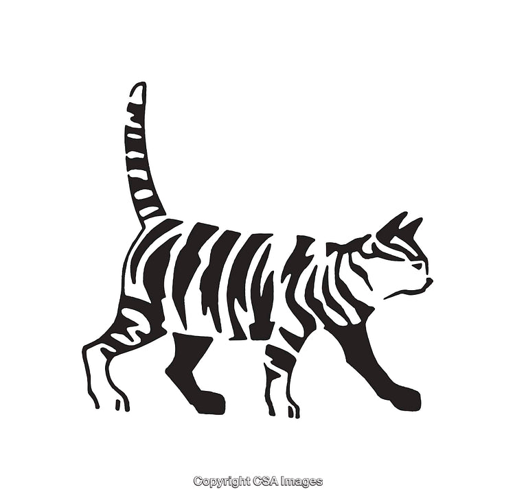 Black and White Line Art of a Striped Walking Cat Silhouette