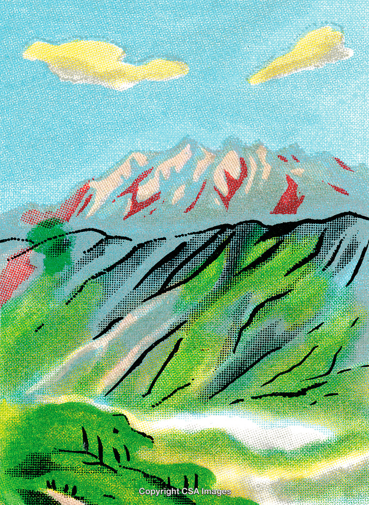 Scenic Mountain Landscape With Blue Sky and Rolling Green Hills