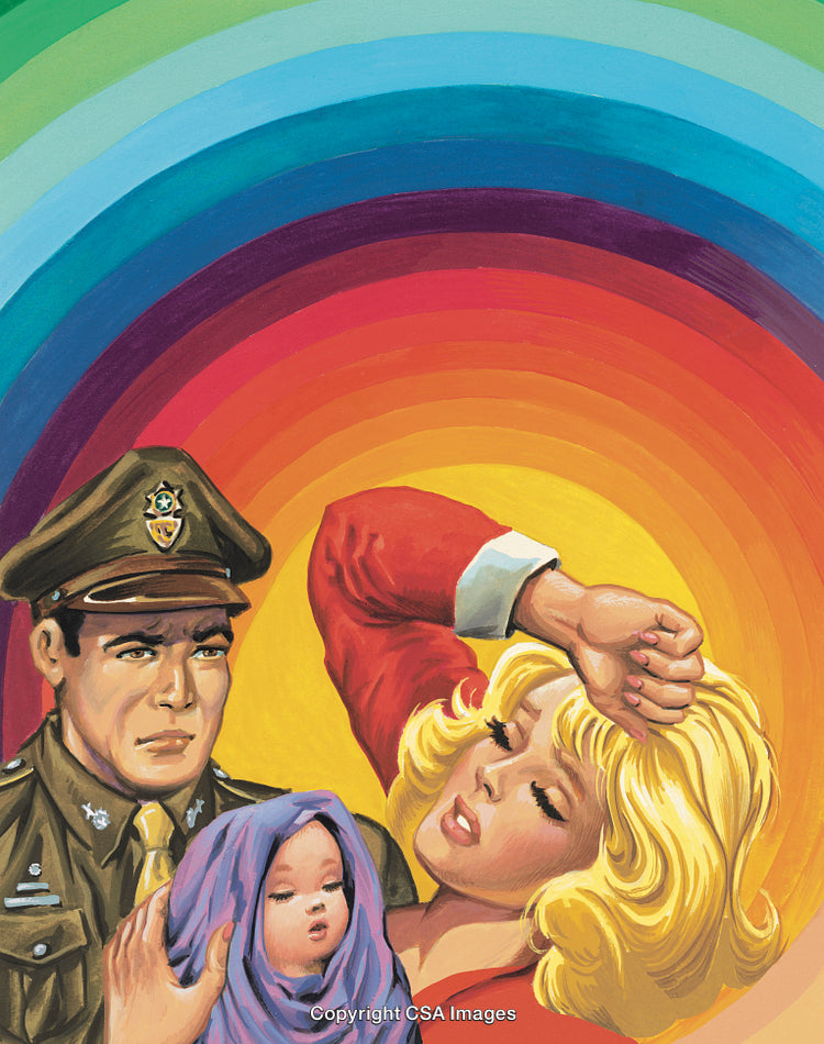 Retro Illustration of a Family with a Vibrant Rainbow Background