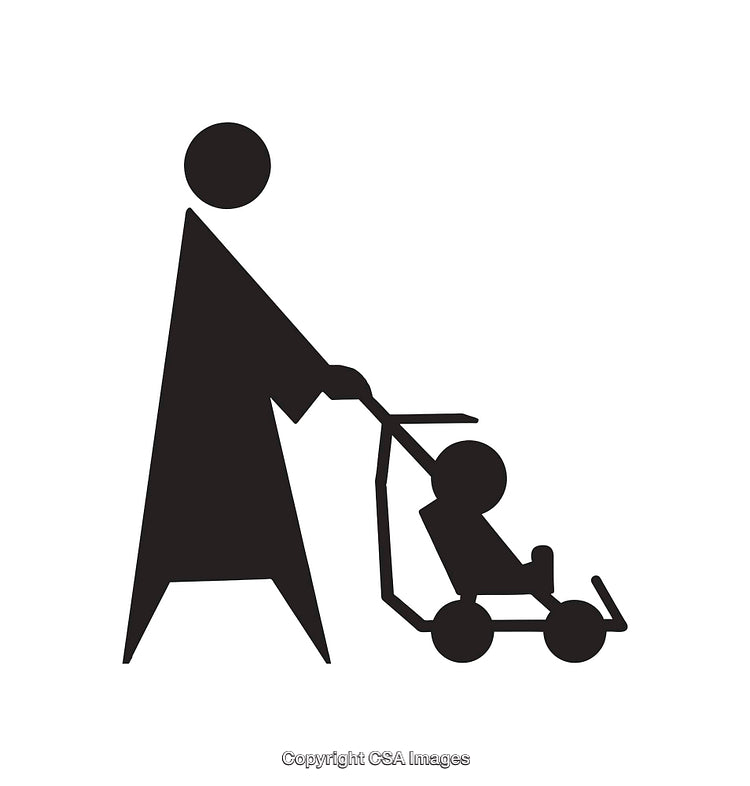 Black and White Icon of Adult Pushing a Baby in a Stroller