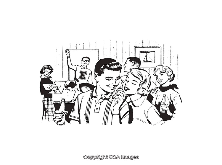 Retro Social Gathering with Friends in Black and White Line Art