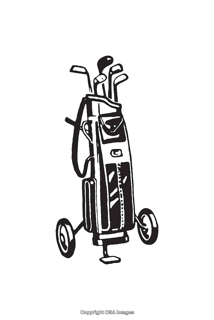 Black and White Graphic of Golf Bag with Clubs on Wheels