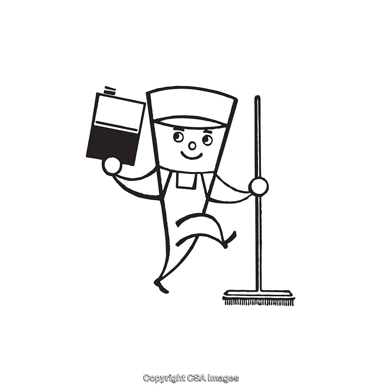 Cheerful Worker Character With Mop and Cleaning Supplies Line Art Illustration