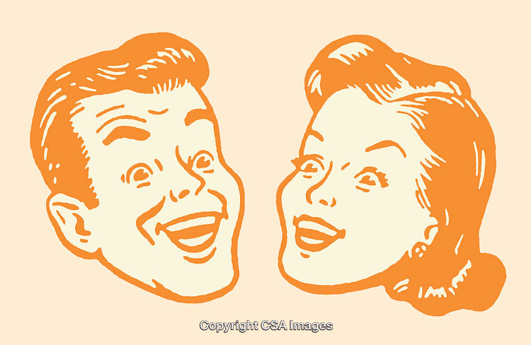 Retro Illustrated Faces of Happy Smiling Couple in Vintage Style
