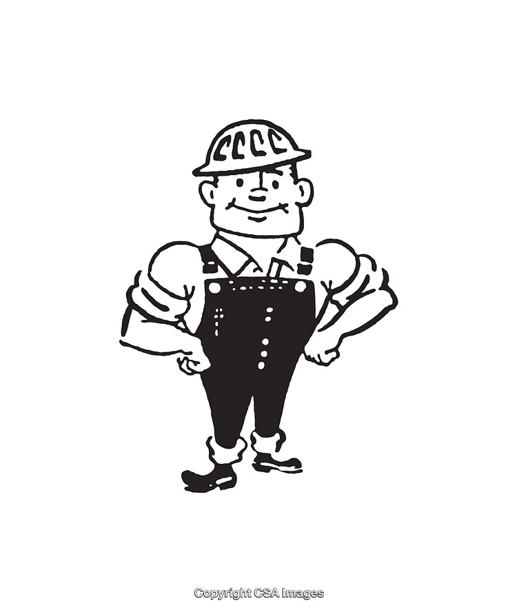 Retro Line Art Illustration of a Cartoon Worker Wearing Overalls and Helmet
