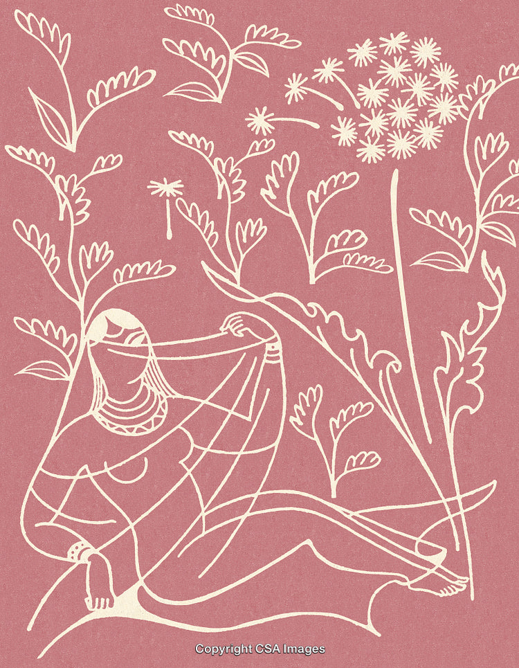 Abstract Illustration of a Woman Sitting Among Decorative Flowers and Leaves