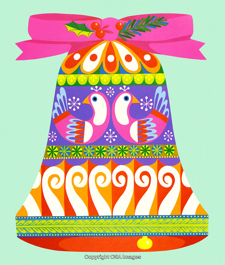 Colorful Festive Bell Decoration with Holiday Patterns and Birds