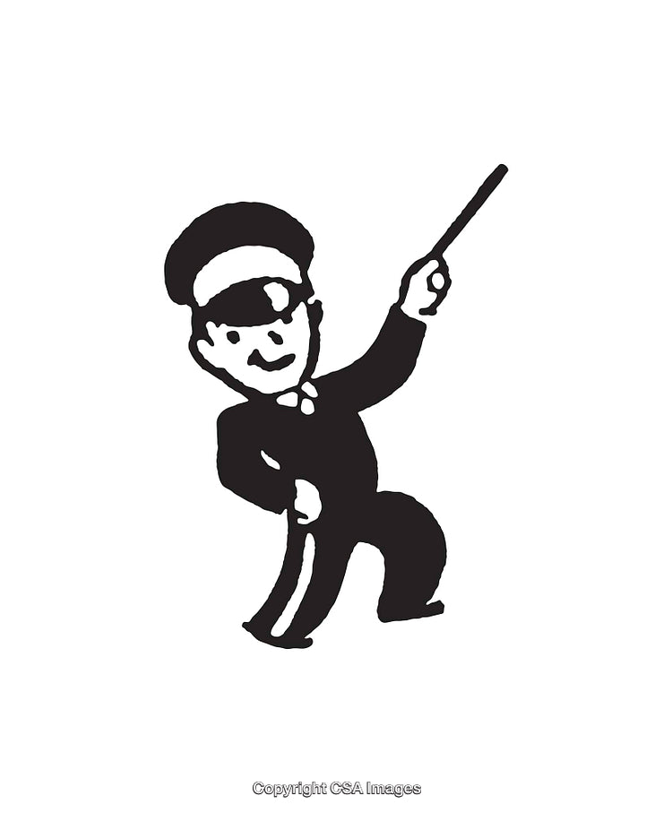 Charming Black and White Cartoon Conductor Illustration in Line Art Style