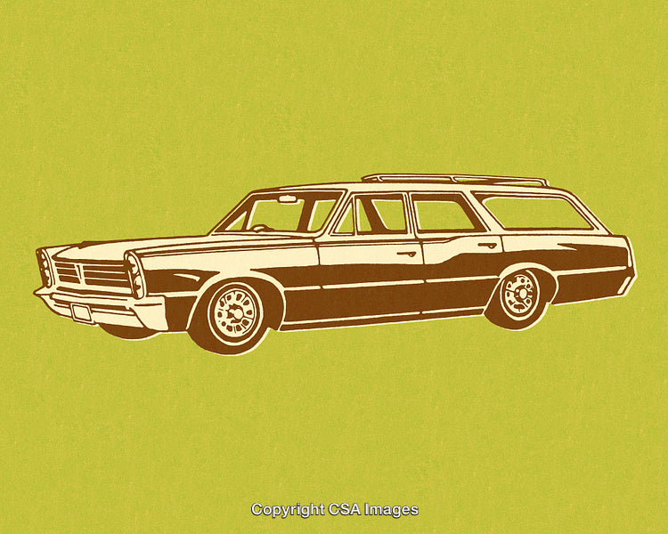 Vintage Station Wagon Illustration with Retro Colors on Green Background