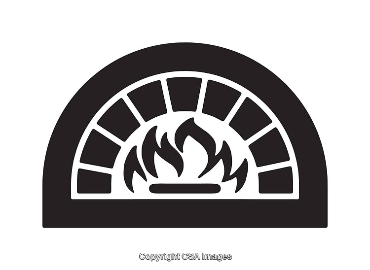 Black and White Line Art Illustration of a Pizza Oven with Fire