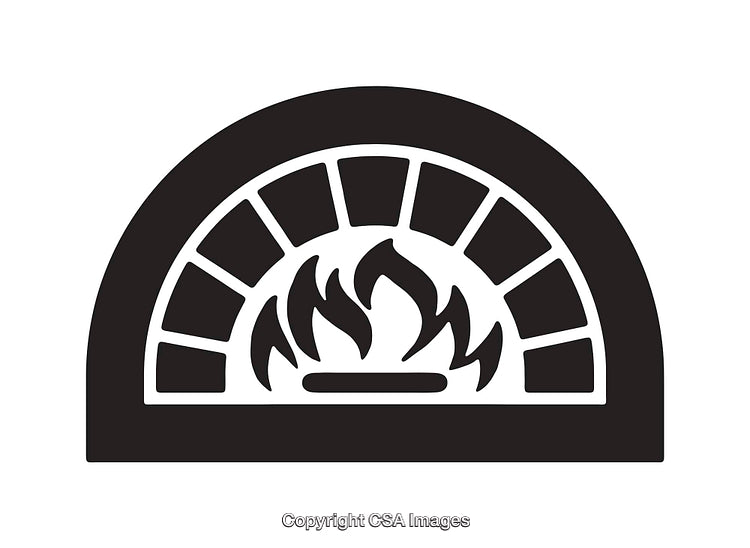 Black and White Line Art Illustration of a Pizza Oven with Fire