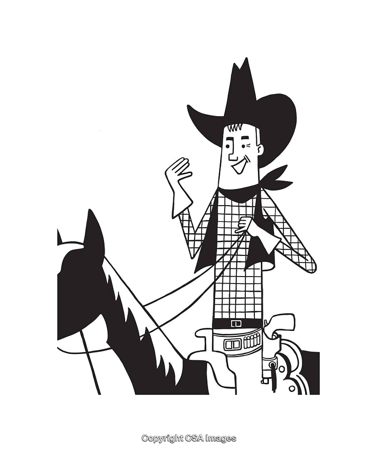 Black and White Line Art Illustration of Cowboy on Horseback Waving