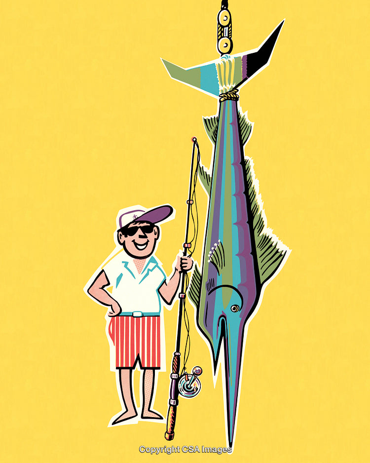 Illustration of a Fisherman with a Catch of a Large Colorful Fish