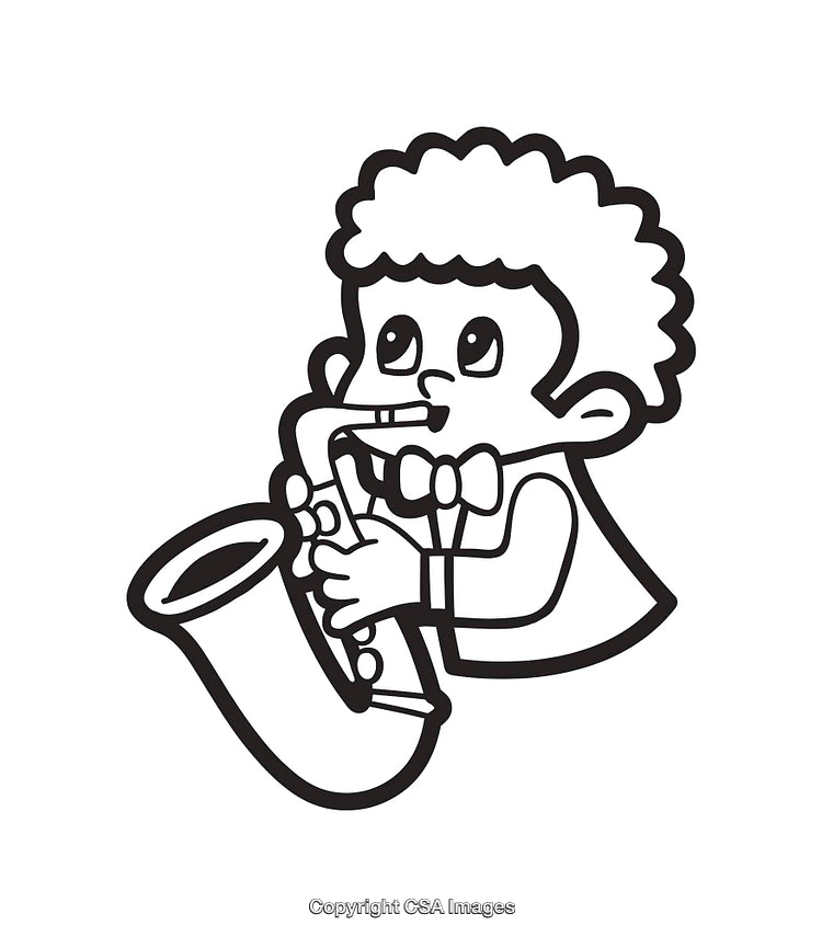 Black and White Line Art of a Young Musician Playing Saxophone
