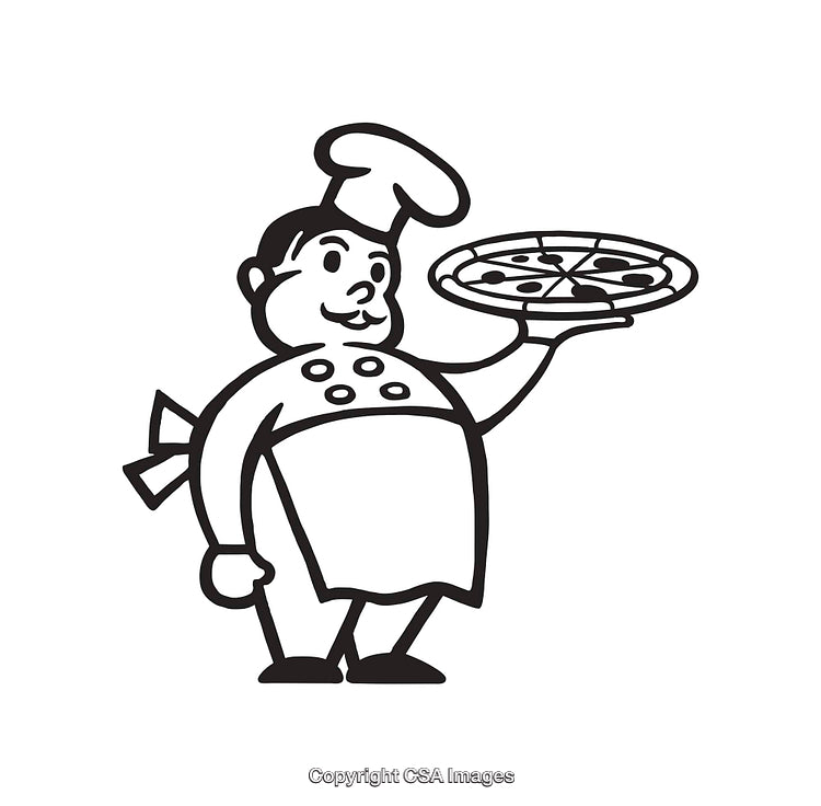 Black and White Illustration of a Chef Holding a Pizza