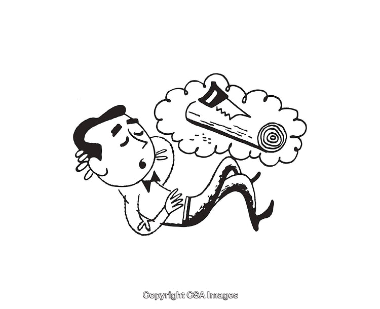 Humorous Black and White Illustration of a Man Dreaming of a Saw