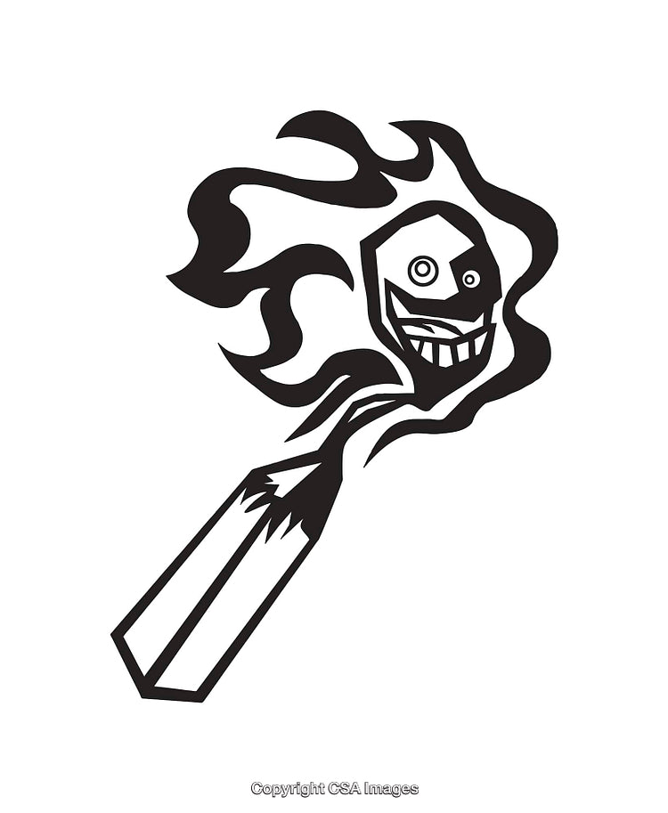 Black and White Line Art of a Flaming Matchstick Illustration