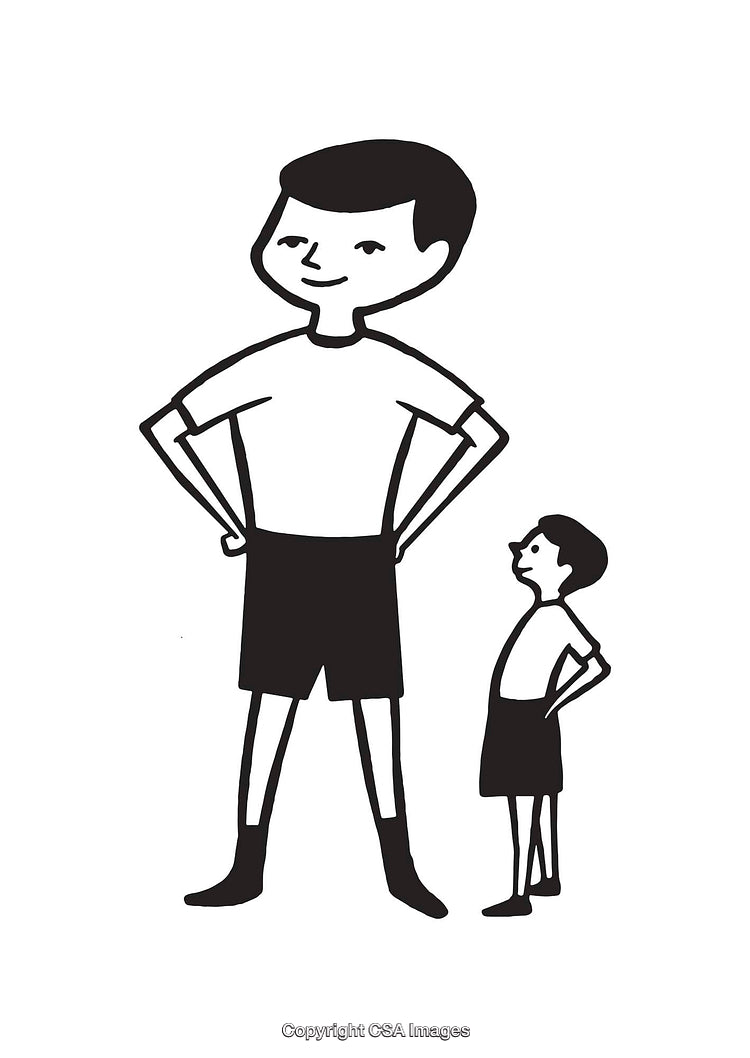 Black and White Illustration of Two Figures Representing Growth and Comparison