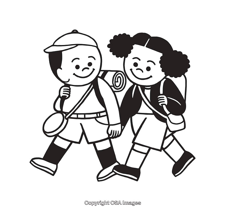 Cheerful Children Hiking Together in Black and White Line Art Illustration