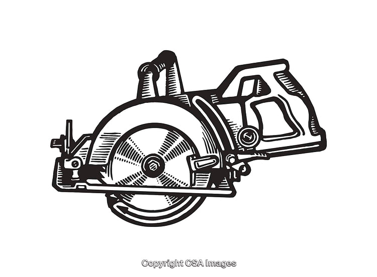 Detailed Black and White Line Art of a Circular Saw Tool