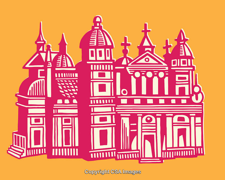 Colorful Illustration of Architectural Landmarks Showcased on a Bright Background