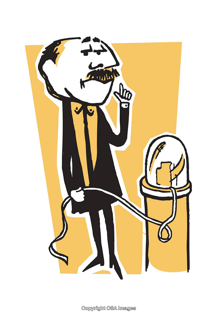Hand-Drawn Illustration of a Mustached Man with Light Bulb and Ribbon