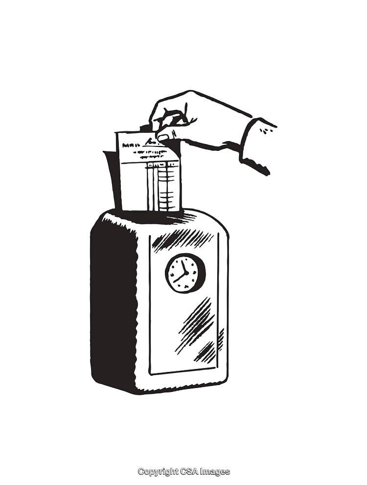 Illustration of a Worker Using a Vintage Time Clock Punch Machine