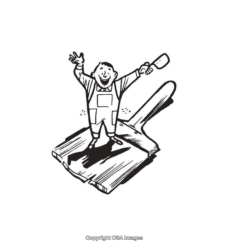 Vintage Line Art Illustration of a Painter Standing on a Paintbrush