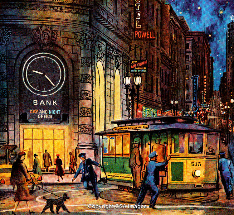 Vintage City Street Scene at Night with People and Tram