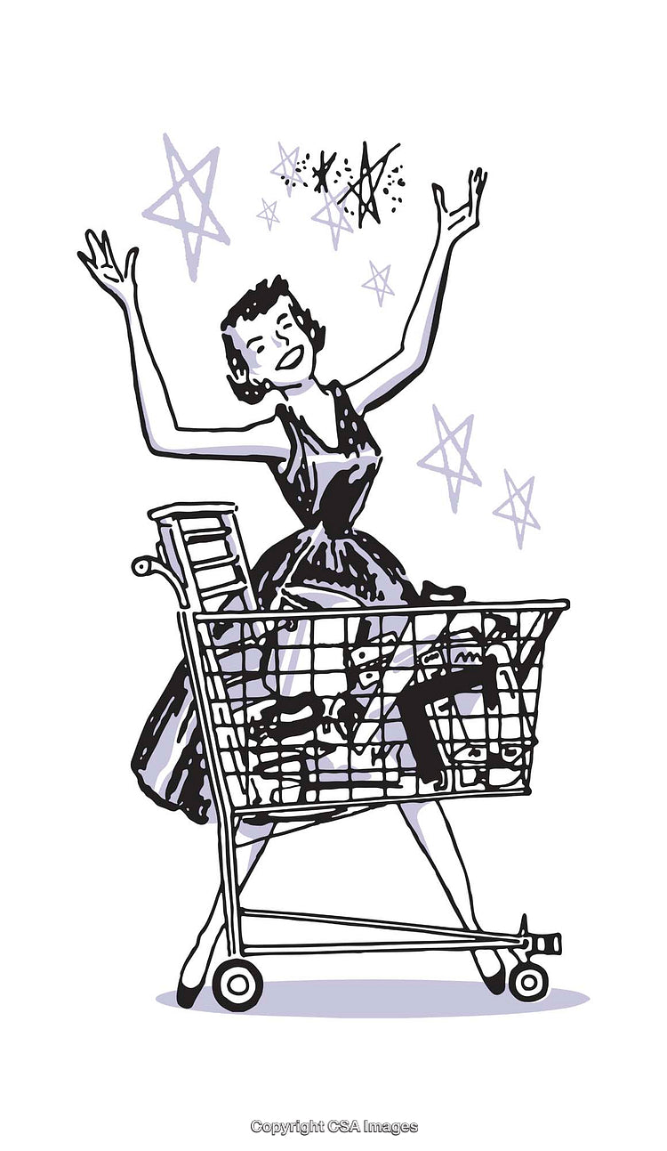 Illustration of a Joyful Woman Standing in a Shopping Cart with Stars