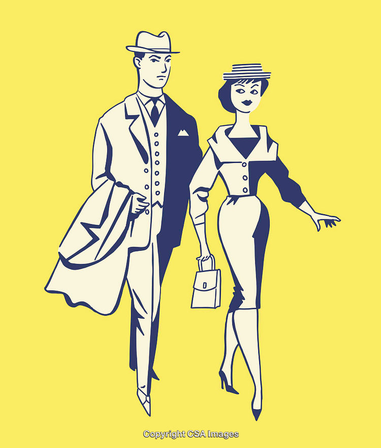 Elegant Vintage Couple in Stylish Attire Strolling on Yellow Background