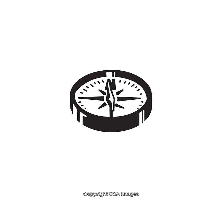Black and White Compass Illustration with Directional Symbols and Fine Details