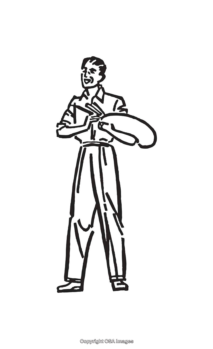 Retro Black and White Line Art of a Man Holding an Object