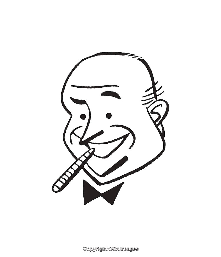 Vintage Line Art Illustration of Smiling Man Smoking a Cigar