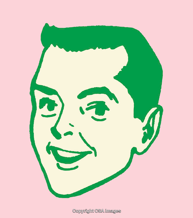 Retro-Style Green and Pink Line Art Smiling Male Portrait Illustration